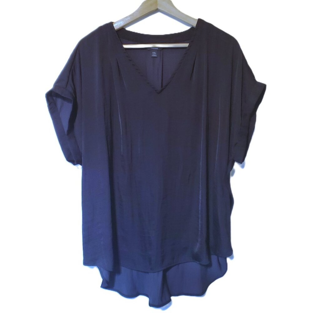 Simply Vera Wang Women's XXL 2XL Black Blouse Silky Short Sleeves V-Neck